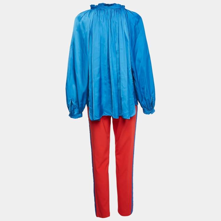 Pre Owned Zadig & Voltaire Blue Satin Ruffled Top and Pants Set L