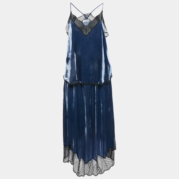 Pre Owned Zadig & Voltaire Blue Velvet Lace Trimmed Top Skirt Set M