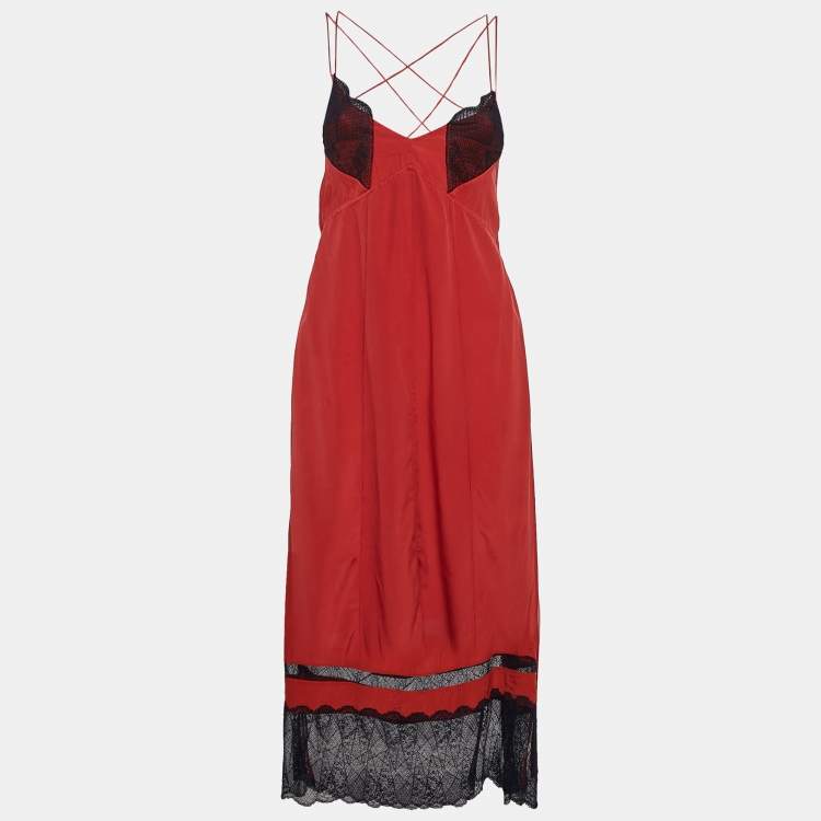 Pre Owned Zadig & Voltaire Red Lace Trim and Silk Roses Deluxe Slip Dress M