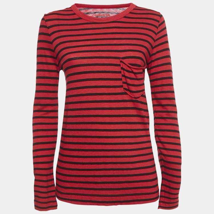 Pre Owned Zadig & Voltaire Red Reja Stripes Cotton Knit Long Sleeve T-Shirt S