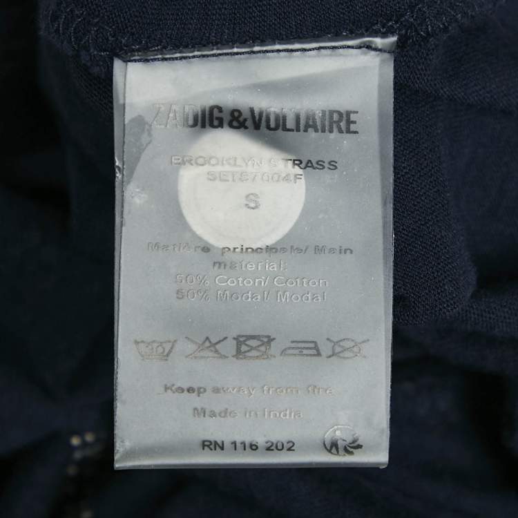 Pre Owned Zadig & Voltaire Navy Blue Skull Stud Cotton and Modal Knit Brooklyn Strass Top S