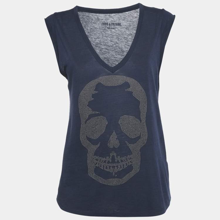 Pre Owned Zadig & Voltaire Navy Blue Skull Stud Cotton and Modal Knit Brooklyn Strass Top S