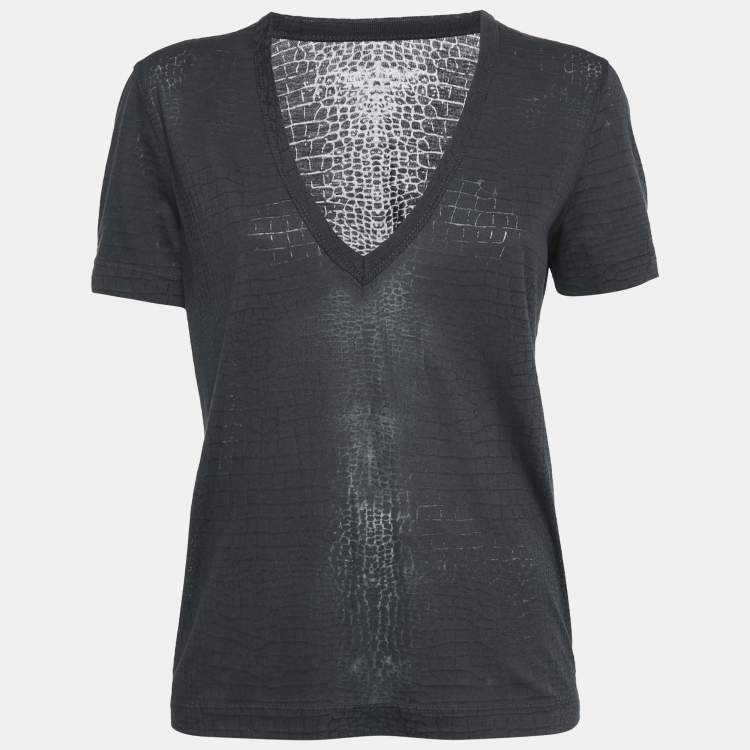 Pre Owned Zadig & Voltaire Dark Grey Reptile Print Knit V-Neck Top S