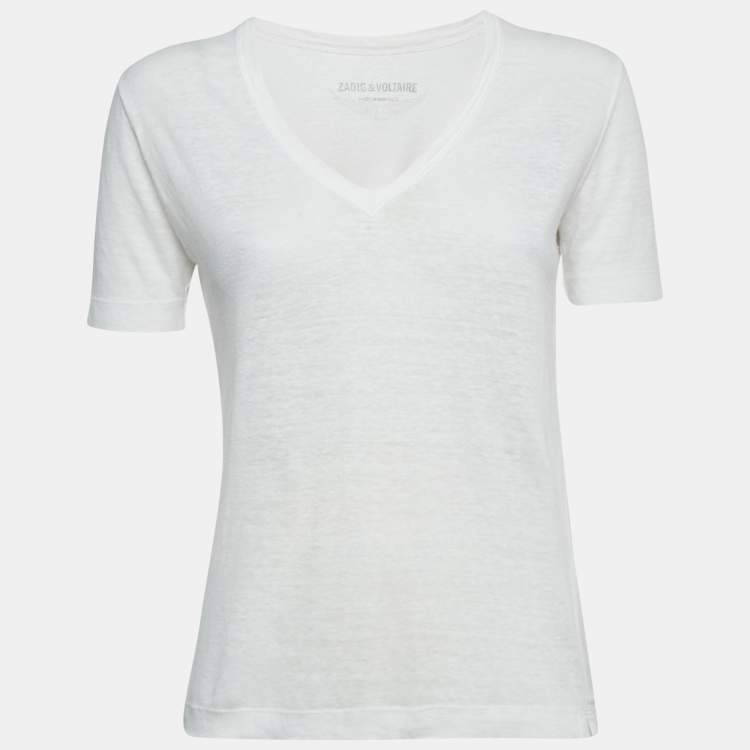 Pre Owned Zadig & Voltaire White Linen Knit V-Neck Wassa Top S