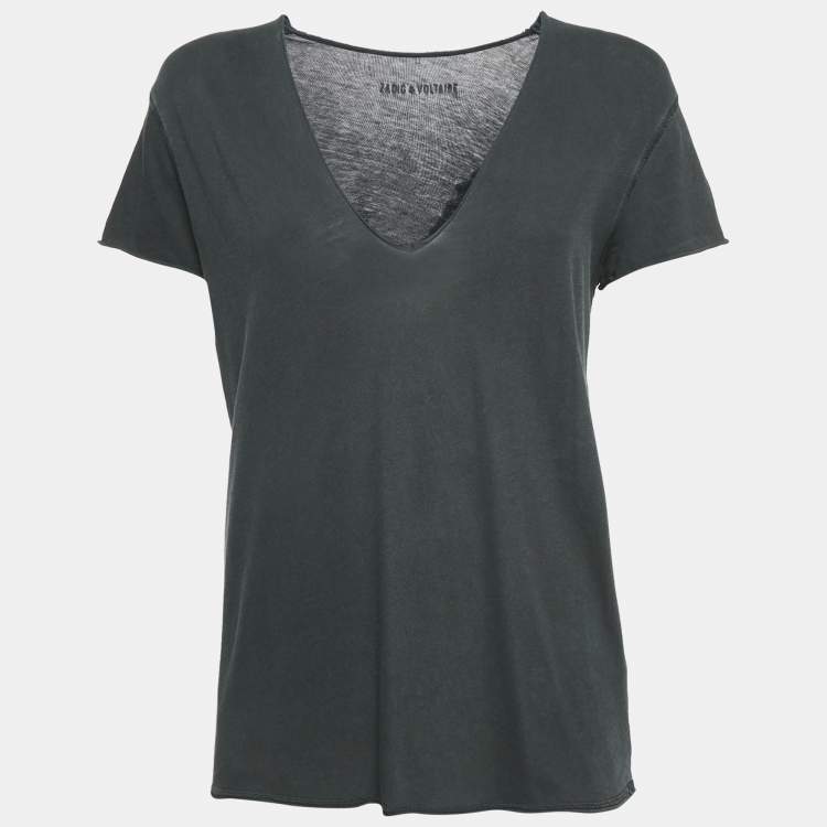 Pre Owned Zadig & Voltaire Charcoal Grey Cotton Knit V-Neck Story Fishnet Top S