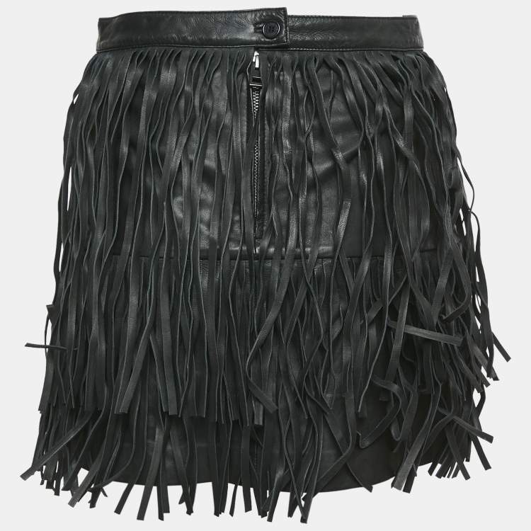 Pre Owned Zadig & Voltaire Black Leather Fringed Mini Skirt S