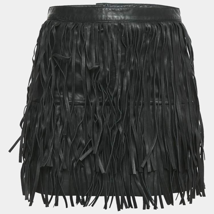 Pre Owned Zadig & Voltaire Black Leather Fringed Mini Skirt S