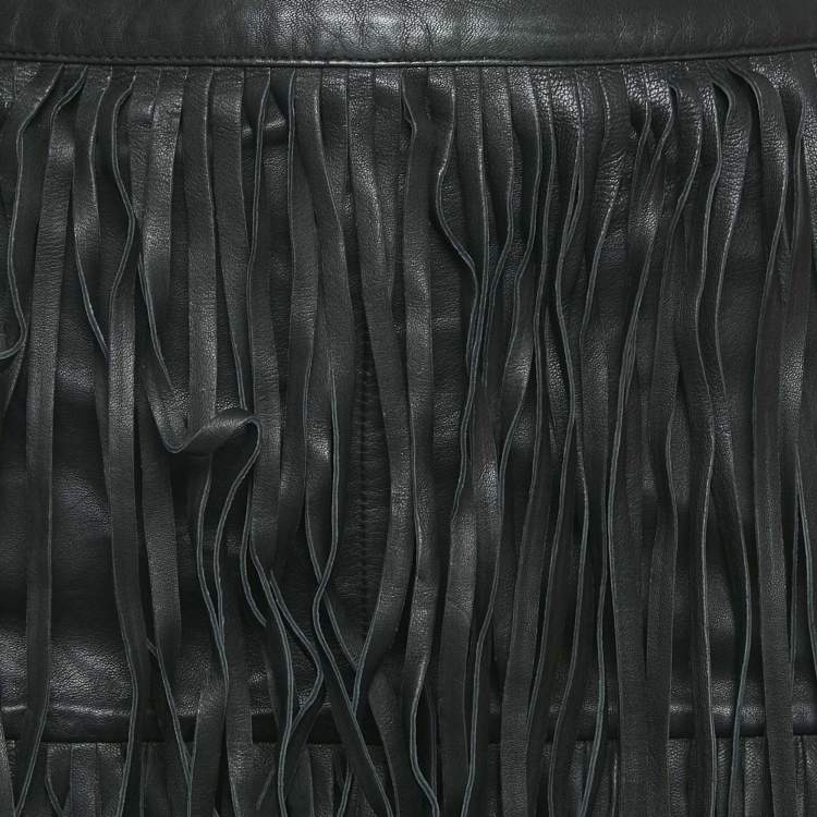 Pre Owned Zadig & Voltaire Black Leather Fringed Mini Skirt S
