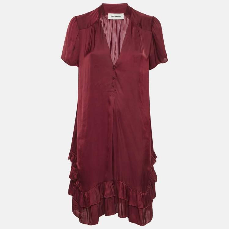 Pre Owned Zadig & Voltaire Burgundy Satin V-Neck Ruffled Short Dress M