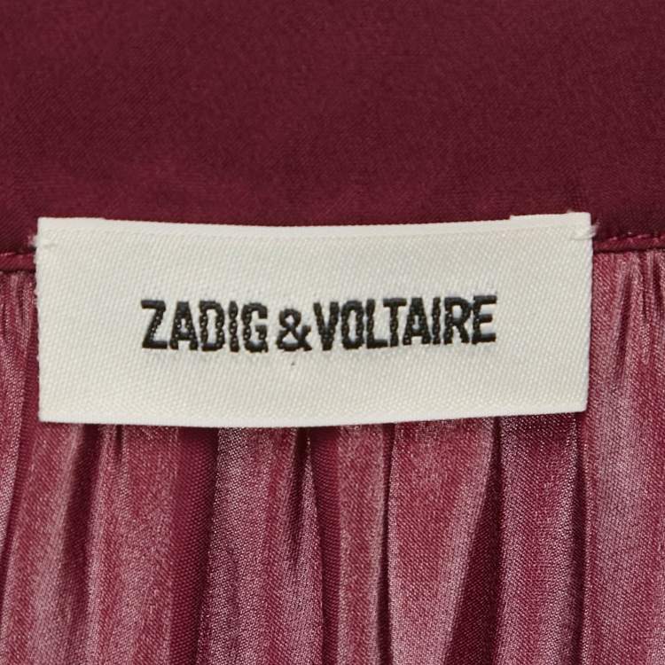 Pre Owned Zadig & Voltaire Burgundy Satin V-Neck Ruffled Short Dress M
