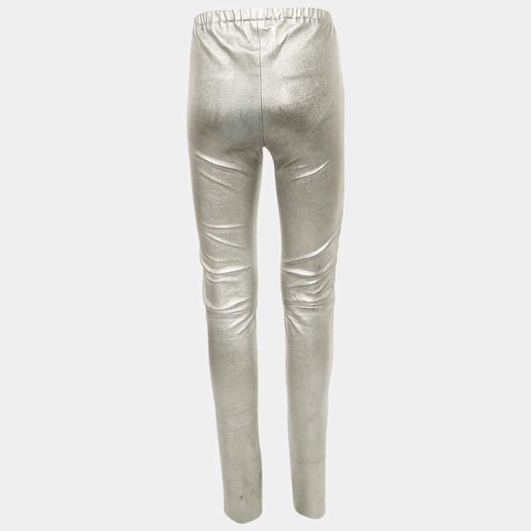 Pre Owned Zadig & Voltaire Deluxe Silver Coated Leather Pharel Pants M