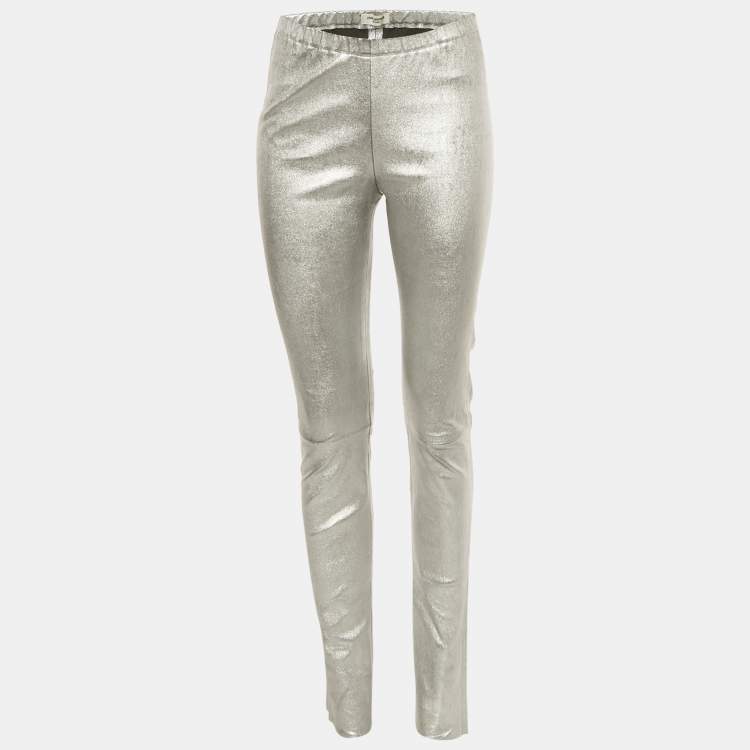 Pre Owned Zadig & Voltaire Deluxe Silver Coated Leather Pharel Pants M