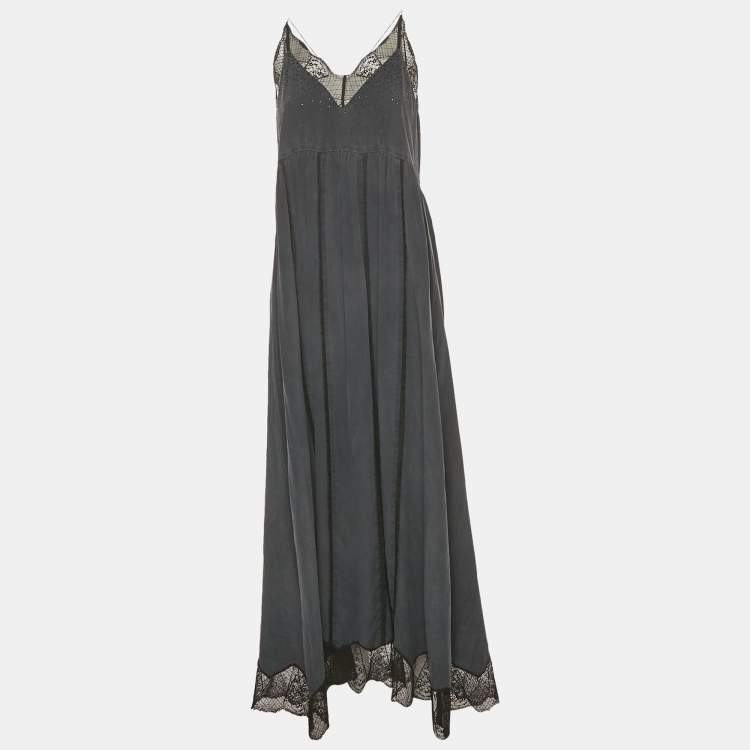Pre Owned Zadig & Voltaire Grey Lace Trim Silk Maxi Ralla Dress L