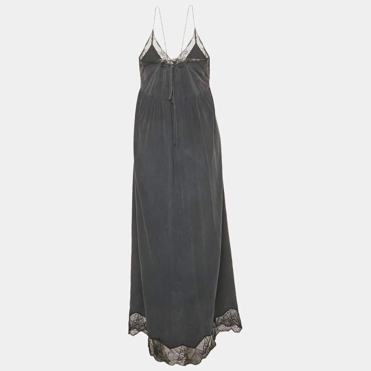 Pre Owned Zadig & Voltaire Grey Lace Trim Silk Maxi Ralla Dress L