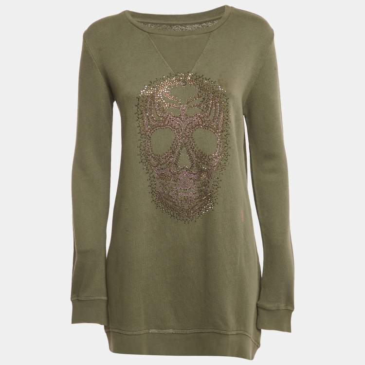 Pre Owned Zadig & Voltaire Sage Green Skull Embellished Cotton Anael Tunic Sweater S