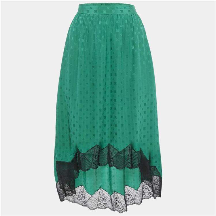 Pre Owned Zadig & Voltaire Green Patterned Silk Lace Trim Joslin Midi Skirt M