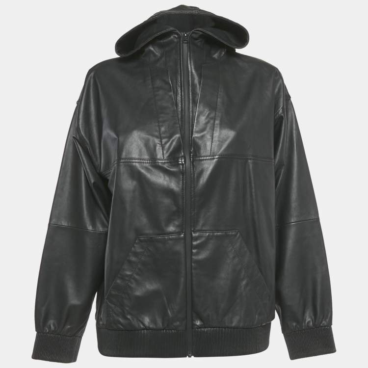 Pre Owned Zadig & Voltaire Black Leather Zip-Up Hoodie S