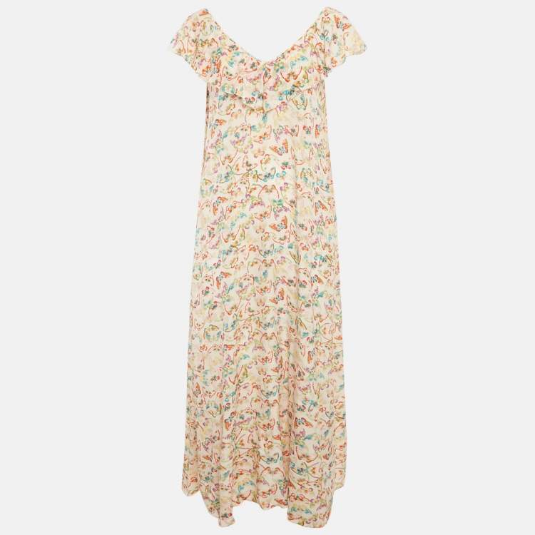 Pre Owned Zadig & Voltaire Multicolor Butterfly Printed Silk Ruffled Reen Maxi Dress M