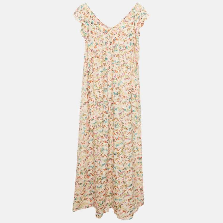 Pre Owned Zadig & Voltaire Multicolor Butterfly Printed Silk Ruffled Reen Maxi Dress M