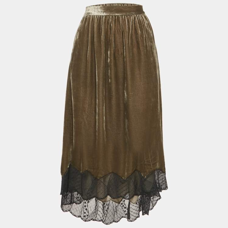 Pre Owned Zadig & Voltaire Green Lace Trim Velvet Joslin Midi Skirt M