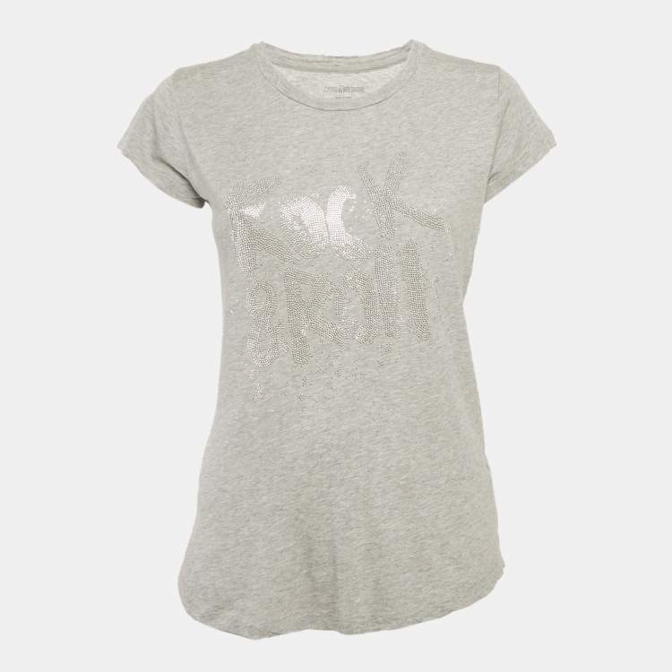 Pre Owned Zadig & Voltaire Grey Jersey Skinny RNR Strass Top M