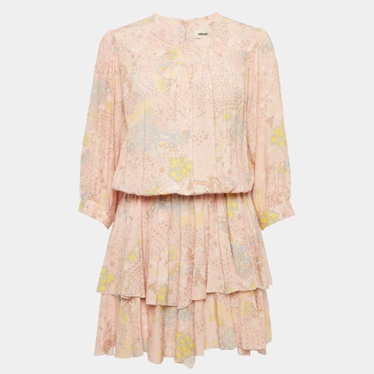 Pre Owned Zadig & Voltaire Light Orange Rooka Print Silk Blend Glam Rock Mini Dress L