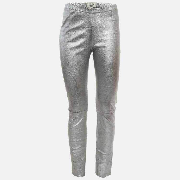 Pre Owned Zadig & Voltaire Deluxe Silver Leather Leggings M