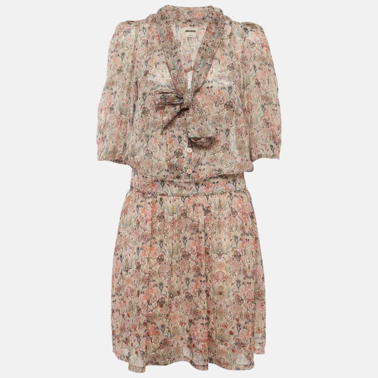 Pre Owned Zadig & Voltaire Beige Floral Print Bow Tie Mini Dress M