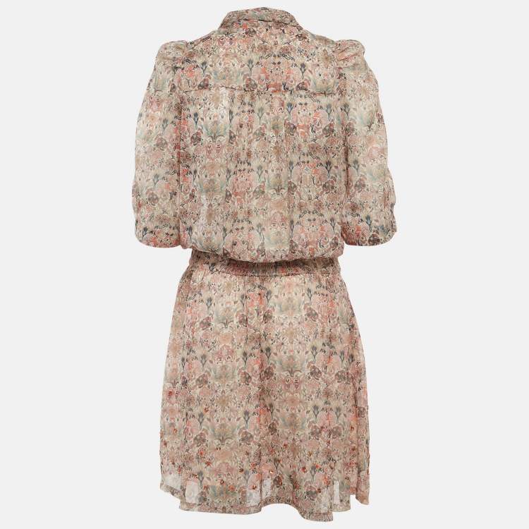 Pre Owned Zadig & Voltaire Beige Floral Print Bow Tie Mini Dress M