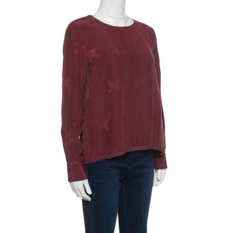 Pre Owned Zadig and Voltaire Burgundy Tivy Jacquard Silk Lace Trim Long Sleeve Blouse M