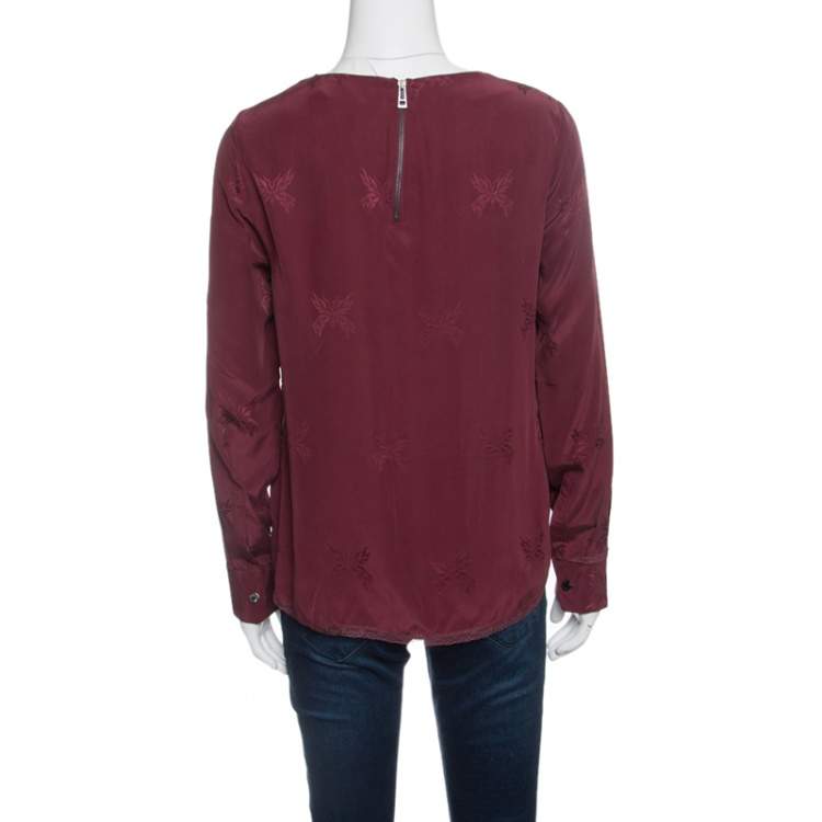 Pre Owned Zadig and Voltaire Burgundy Tivy Jacquard Silk Lace Trim Long Sleeve Blouse M