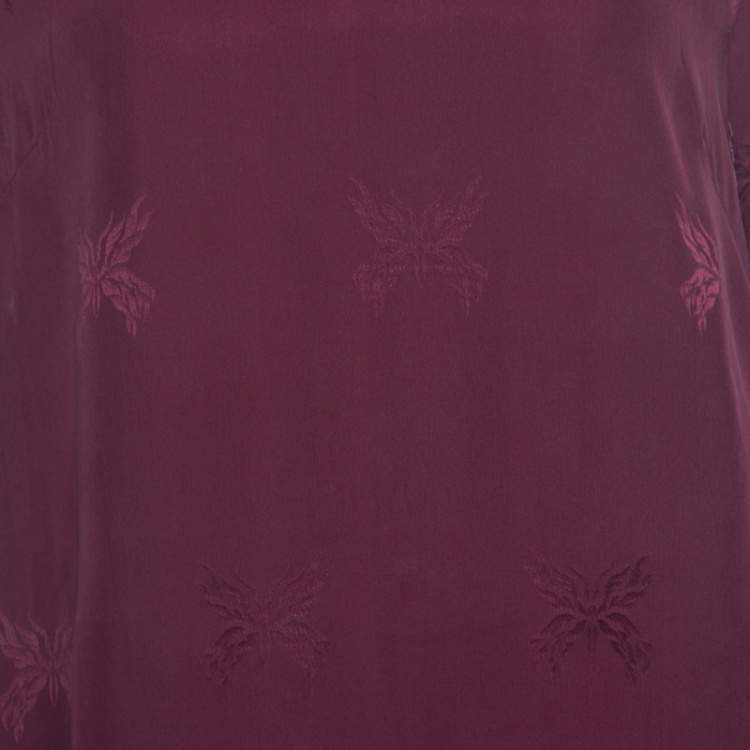 Pre Owned Zadig and Voltaire Burgundy Tivy Jacquard Silk Lace Trim Long Sleeve Blouse M
