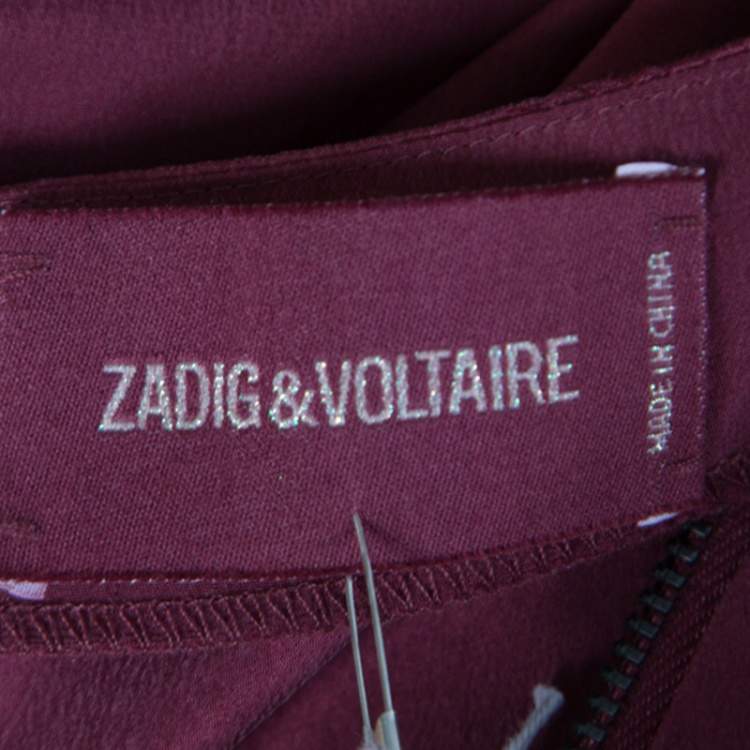 Pre Owned Zadig and Voltaire Burgundy Tivy Jacquard Silk Lace Trim Long Sleeve Blouse M