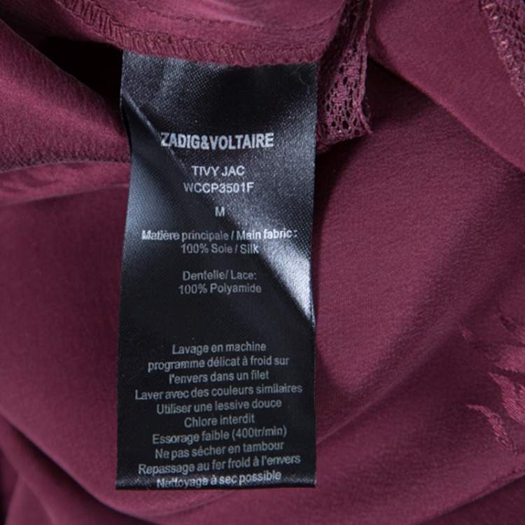 Pre Owned Zadig and Voltaire Burgundy Tivy Jacquard Silk Lace Trim Long Sleeve Blouse M