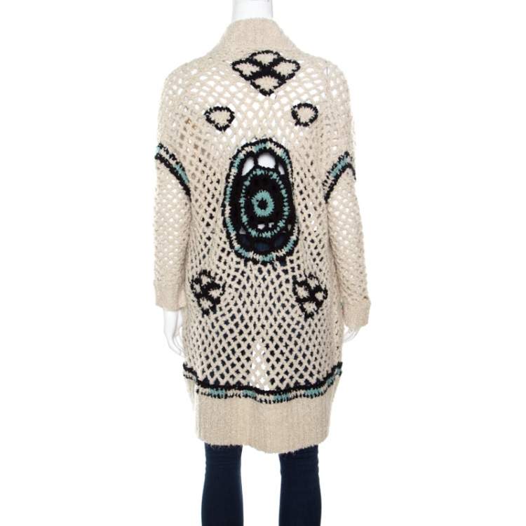 Pre Owned Zadig and Voltaire Cream Crochet Knit Merino Wool Open Front Pix Hook Cardigan XS