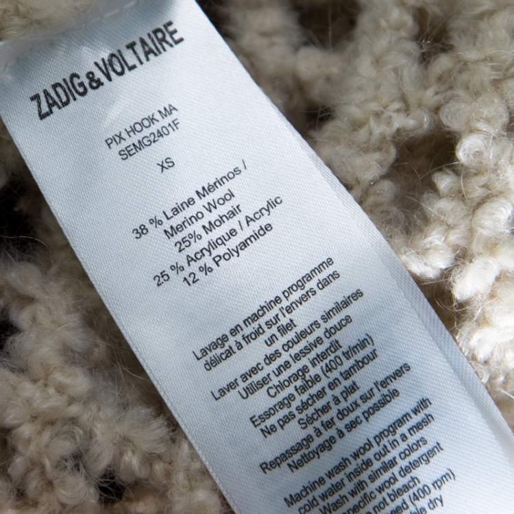 Pre Owned Zadig and Voltaire Cream Crochet Knit Merino Wool Open Front Pix Hook Cardigan XS