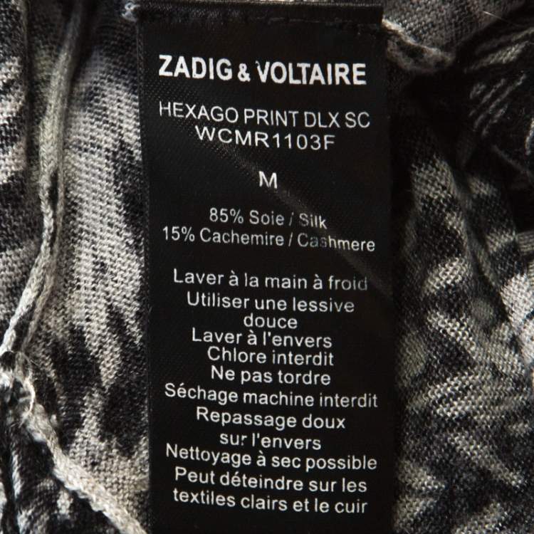 Pre Owned Zadig and Voltaire Grey & Black Printed Half Sleeve Silk-Cashmere Blend Top M 
