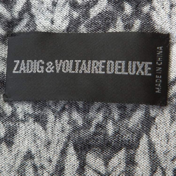 Pre Owned Zadig and Voltaire Grey & Black Printed Half Sleeve Silk-Cashmere Blend Top M 