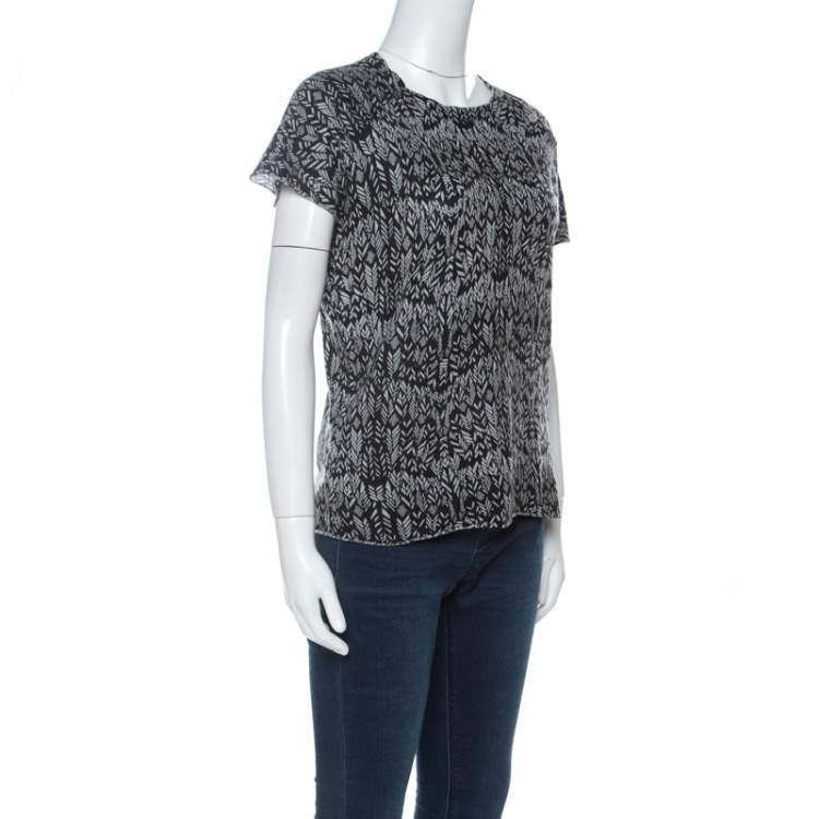 Pre Owned Zadig and Voltaire Grey & Black Printed Half Sleeve Silk-Cashmere Blend Top M 