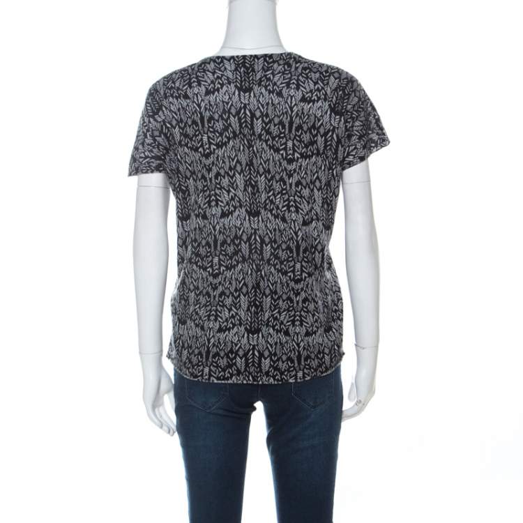 Pre Owned Zadig and Voltaire Grey & Black Printed Half Sleeve Silk-Cashmere Blend Top M 