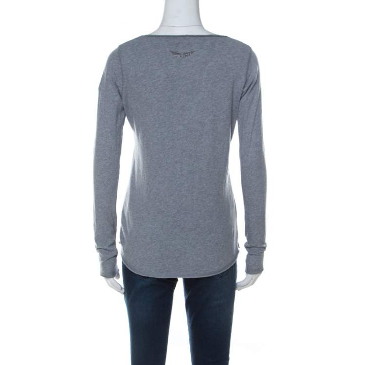 Pre Owned Zadig and Voltaire Grey Cotton Long Sleeve Tunys Rhinestone T-Shirt XS