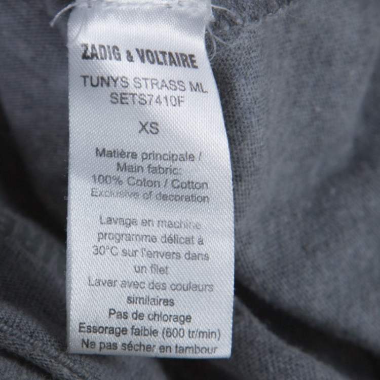 Pre Owned Zadig and Voltaire Grey Cotton Long Sleeve Tunys Rhinestone T-Shirt XS