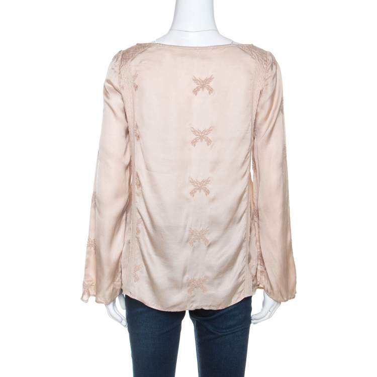 Pre Owned Zadig & Voltaire Beige Embroidered Satin Lace Trim Toxanne Brod Top S