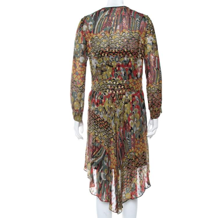 Pre Owned Zadig & Voltaire Green Printed Fil Coupe Faux Wrap Asymmetric Hem Roumi Deluxe Dress S