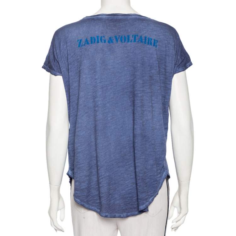 Pre Owned Zadig & Voltaire Blue Skull Printed Pigmented Cotton Rica Oversized T-Shirt S