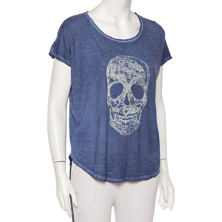 Pre Owned Zadig & Voltaire Blue Skull Printed Pigmented Cotton Rica Oversized T-Shirt S