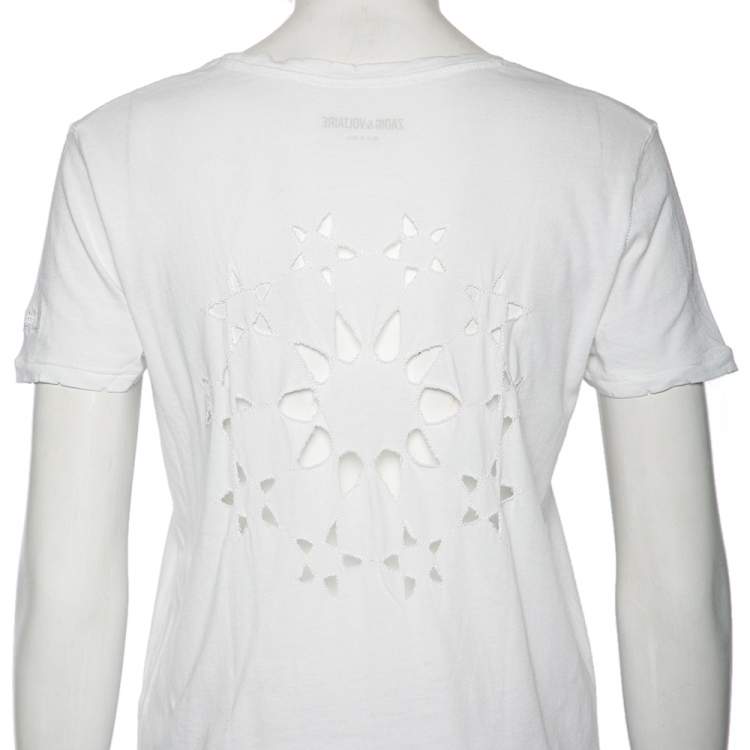 Pre Owned Zadig&Voltaire White Cotton Cutwork Detail Scoop Neck Anyta Rosace T-Shirt XS