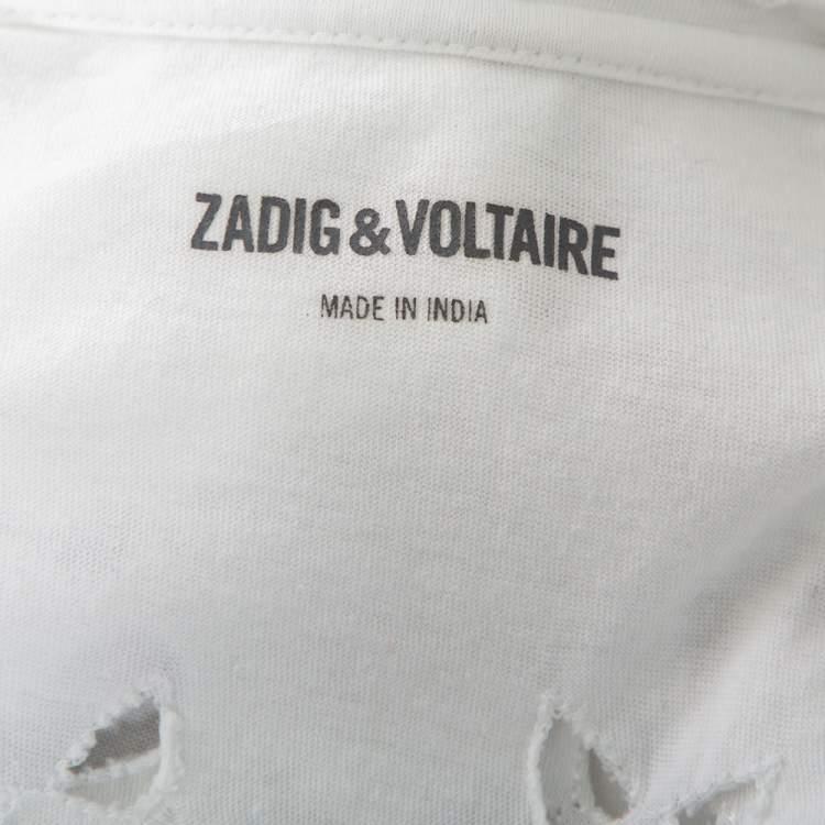 Pre Owned Zadig&Voltaire White Cotton Cutwork Detail Scoop Neck Anyta Rosace T-Shirt XS