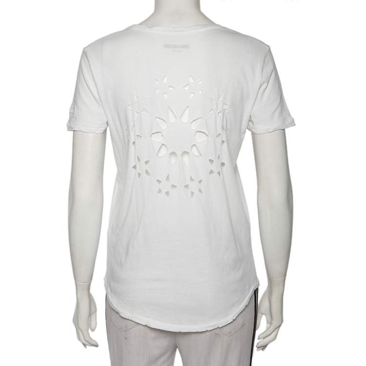 Pre Owned Zadig&Voltaire White Cotton Cutwork Detail Scoop Neck Anyta Rosace T-Shirt XS