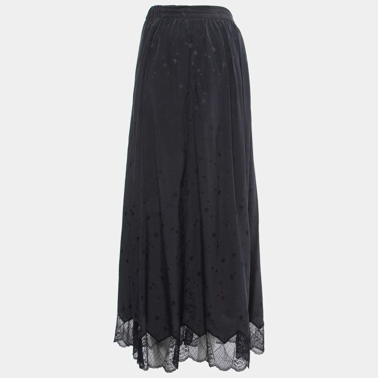 Pre Owned Zadig & Voltaire Midnight Blue Star Patterned Silk Lace Trimmed Skirt S